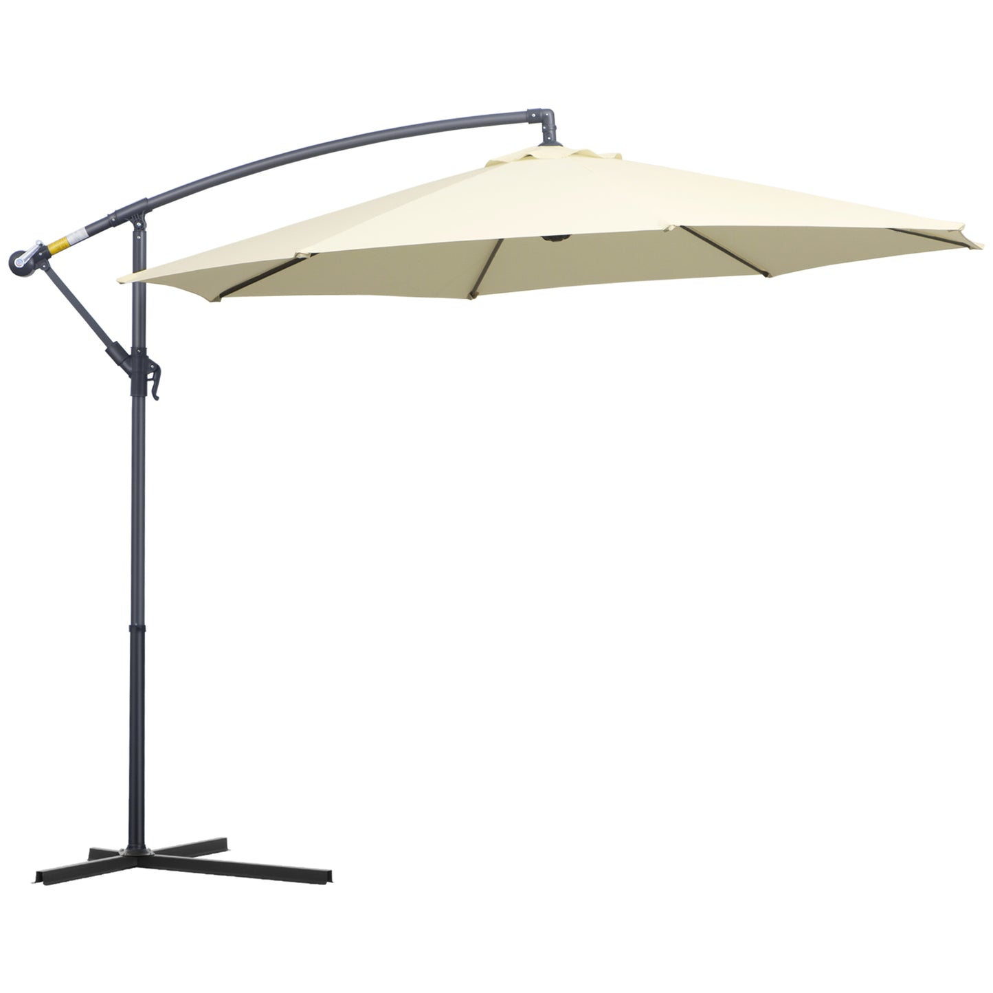 Outsunny 3(m) Garden Cantilever Parasol Patio Banana Hanging Umbrella Sun Shade with Crank & Tilt, 8 Ribs and Cross Base, Cream White - OutdoorBox