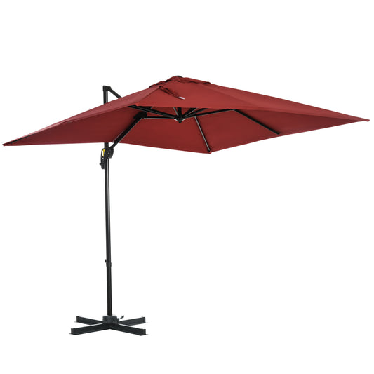 Outsunny 2.5x2.5m Patio Offset Parasol Umbrella Cantilever Hanging Aluminium Sun Shade Canopy Shelter 360�Rotation w/Crank Handle Cross Base Wine Red