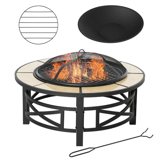 Outsunny Metal Large Fire Pit, Outdoor Firepit Bowl with Grill, Spark Screen Cover, Fire Poker for Garden, Bonfire, Patio, 84 x 84 x 52cm, Black - OutdoorBox