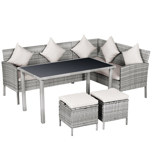 Outsunny 6-Seater Garden Outdoor Patio Rattan Corner Dining Set Wicker Sofa, Foot Stool, Dining Table with White Cushions, Mixed Grey