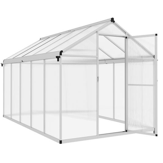 Outsunny 6 x 10ft Polycarbonate Greenhouse with Rain Gutters, Large Walk-In Green House with Door and Window, Garden Plants Grow House with Aluminium Frame and Foundation - OutdoorBox