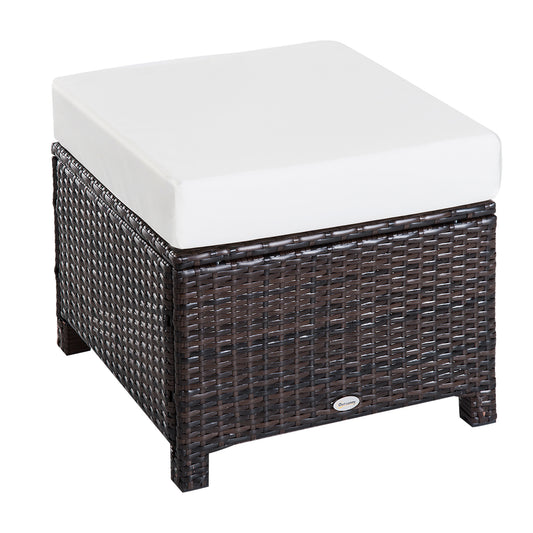 Outsunny Rattan Footstool Wicker Ottoman with Padded Seat Cushion Outdoor Patio Furniture for Backyard Garden Poolside Living Room 50x50x35cm Brown - OutdoorBox