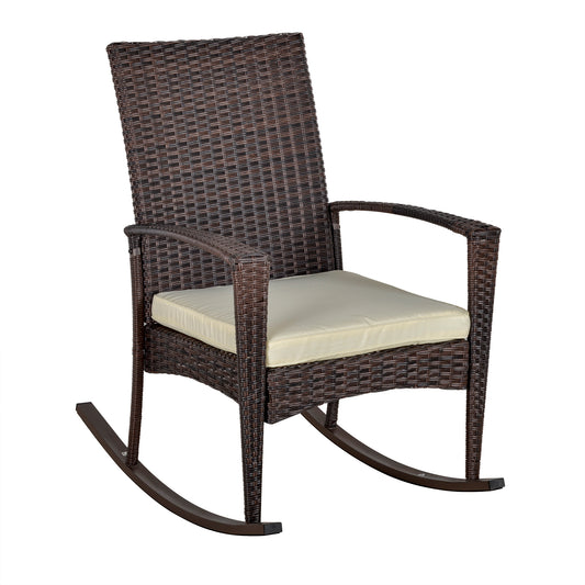 Outsunny Rattan Rocking Chair Rocker Garden Furniture Seater Patio Bistro Relaxer Outdoor Wicker Weave with Cushion - Brown - OutdoorBox