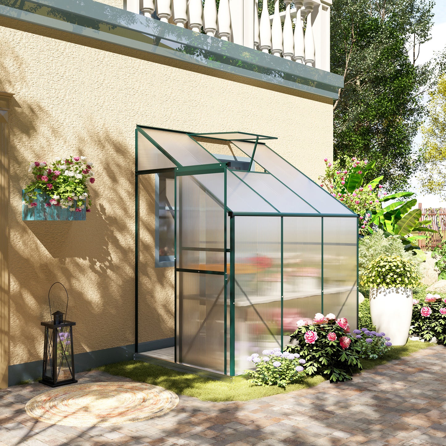 Outsunny Walk-In Lean to Greenhouse Garden Heavy Duty Aluminium Polycarbonate with Roof Vent for Plants Herbs Vegetables, Green, 192 x 127 x 220 cm