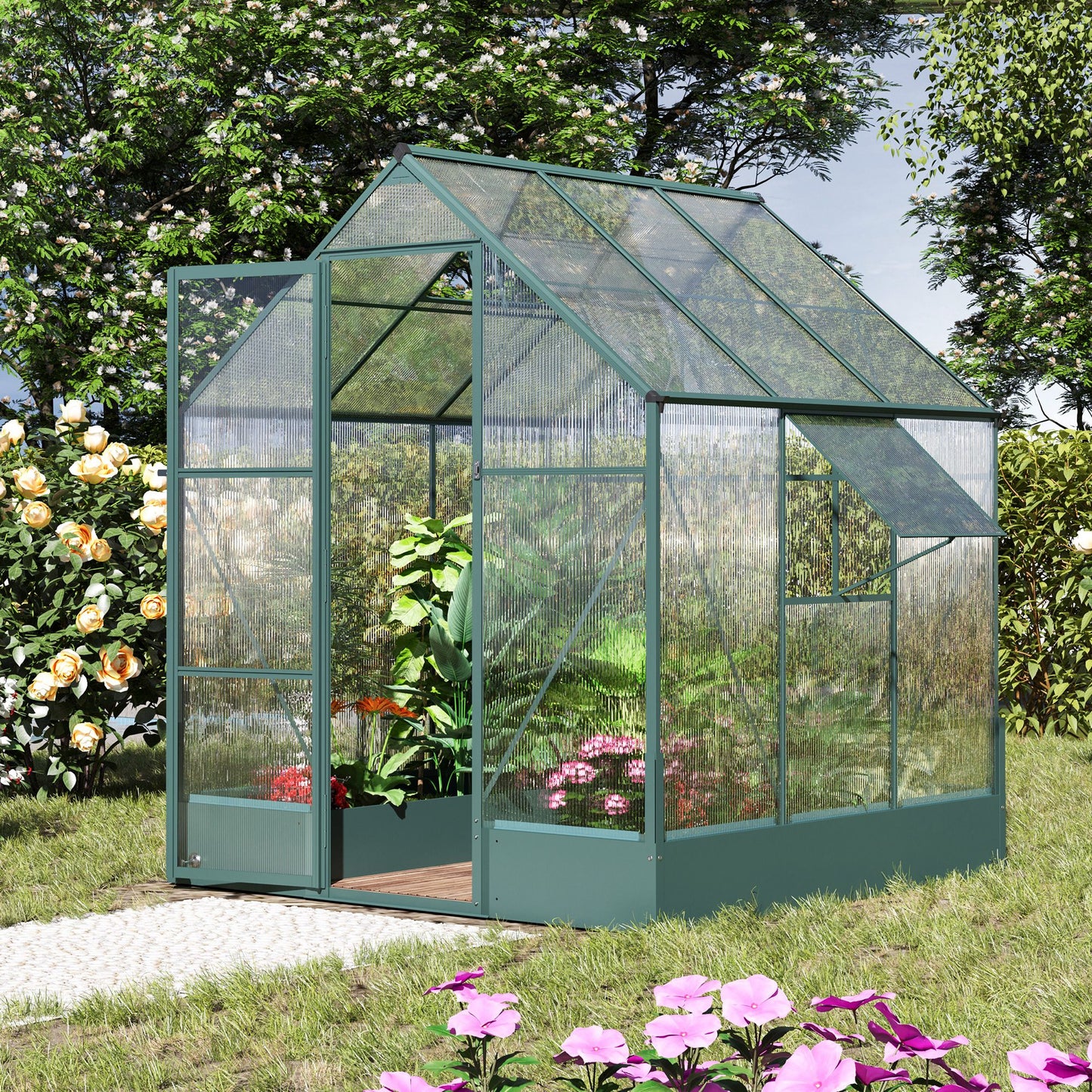 Outsunny Garden Walk-in Aluminium Greenhouse Polycarbonate with Plant Bed ,Temperature Controlled Window, Foundation, 6 x 6ft