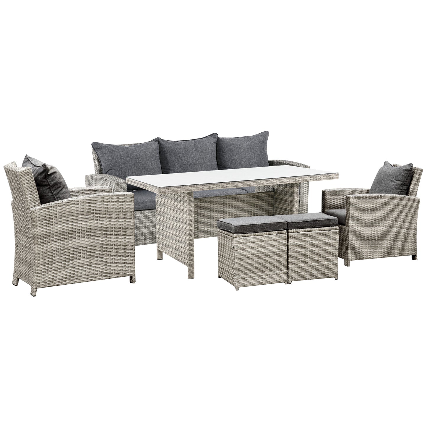 Outsunny 7-Seater Rattan Dining Set Sofa Table Garden Rattan Furniture Footstool Outdoor w/ Cushion, Grey