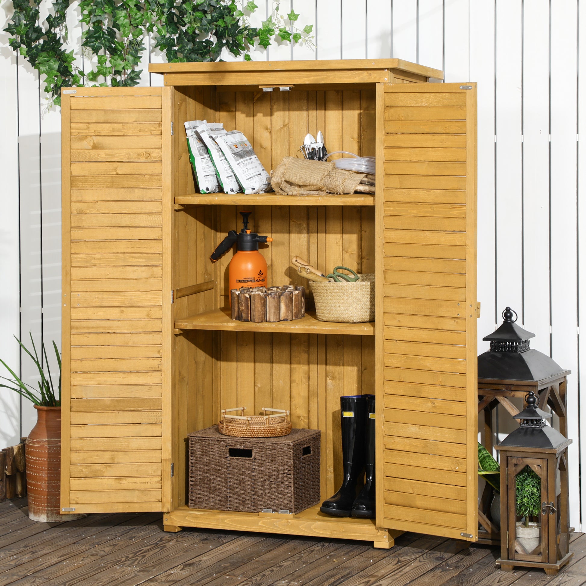 Outsunny Wooden Garden Storage Shed, Compact Utility Sentry Unit, 3-Tier Shelves Tool Cabinet Organizer with Asphalt Roof and Shutter Design - OutdoorBox