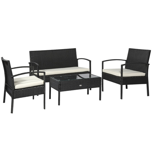 Outsunny 4-Seater Rattan Garden Furniture Set Black Cream Outdoor Patio Wicker Weave Chairs Table Conservatory Seaters Bistro Set - OutdoorBox