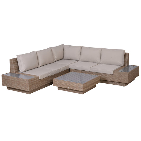 Outsunny 5-Seater Rattan Garden Furniture Outdoor Sectional Corner Sofa and Coffee Table Set  Conservatory Wicker Weave w/ Armrest Cushions, Beige