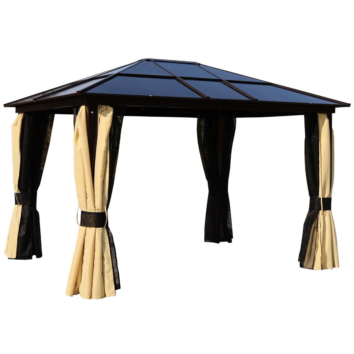 Outsunny 3.6 x 3(m) Polycarbonate Hardtop Gazebo with LED Solar Light and Aluminium Frame, Garden Pavilion with Mosquito Netting and Curtains