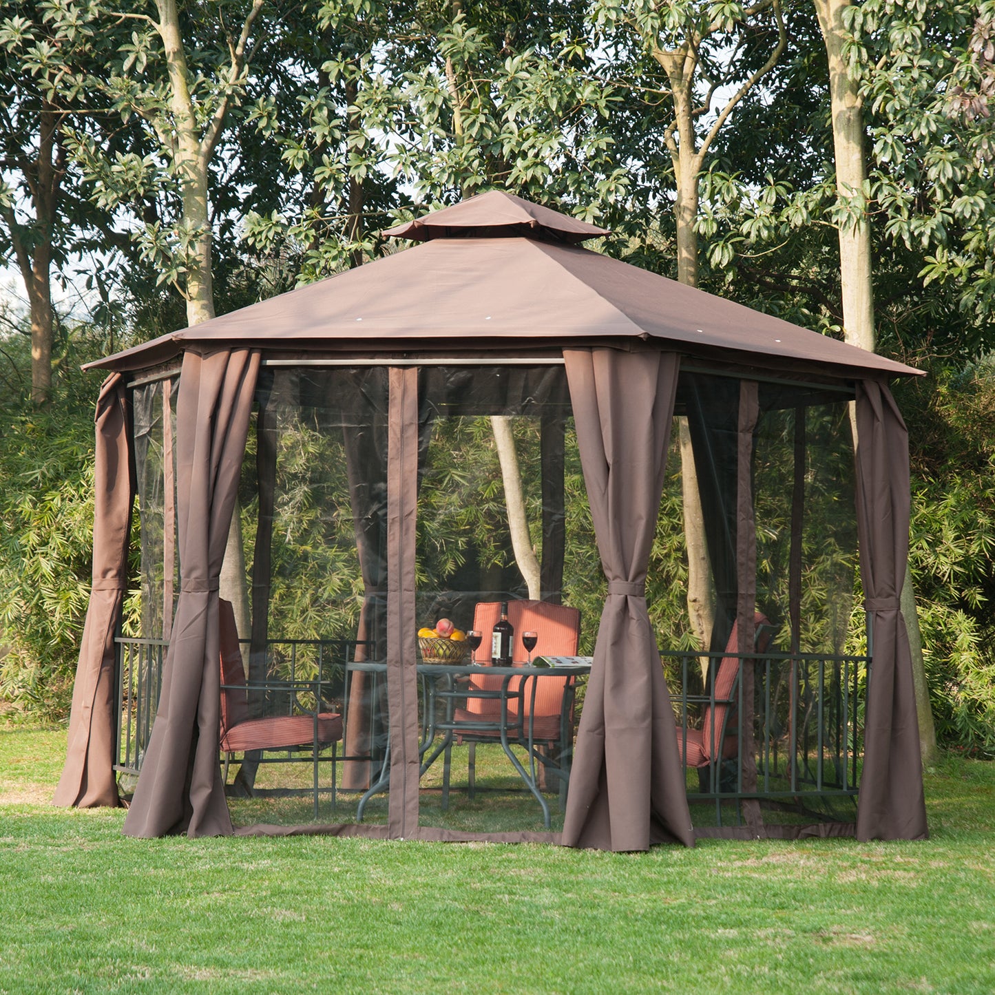 Outsunny Hexagon Gazebo Patio Canopy Party Tent Outdoor Garden Shelter w/ 2 Tier Roof & Side Panel - Brown