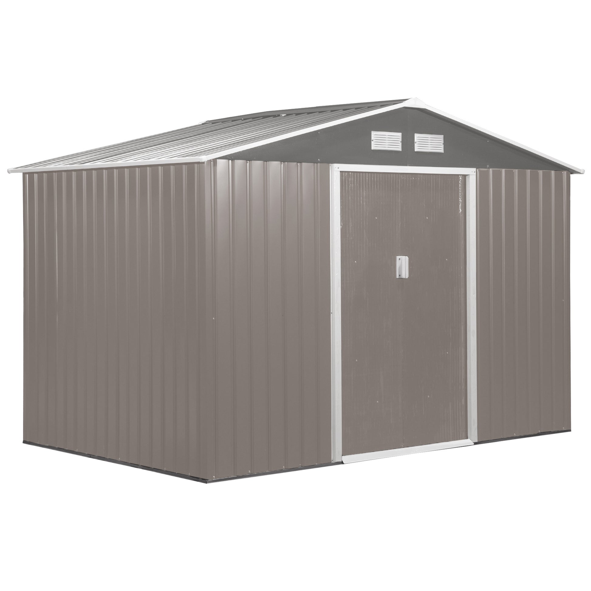 Outsunny 9 x 6 ft Metal Garden Storage Shed Sloped Roof Tool House with Foundation Ventilation & Double Door, Grey - OutdoorBox