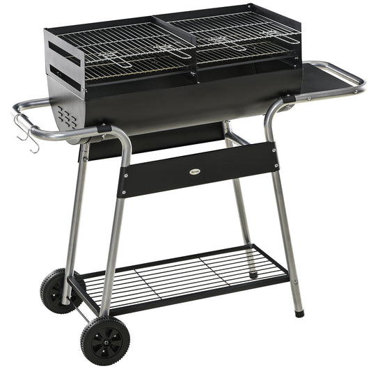 Outsunny Charcoal Barbecue Grill Garden BBQ Trolley w/ Adjustable Grill Height, Double Grill, Side Table, Storage Shelf and Wheels, Black