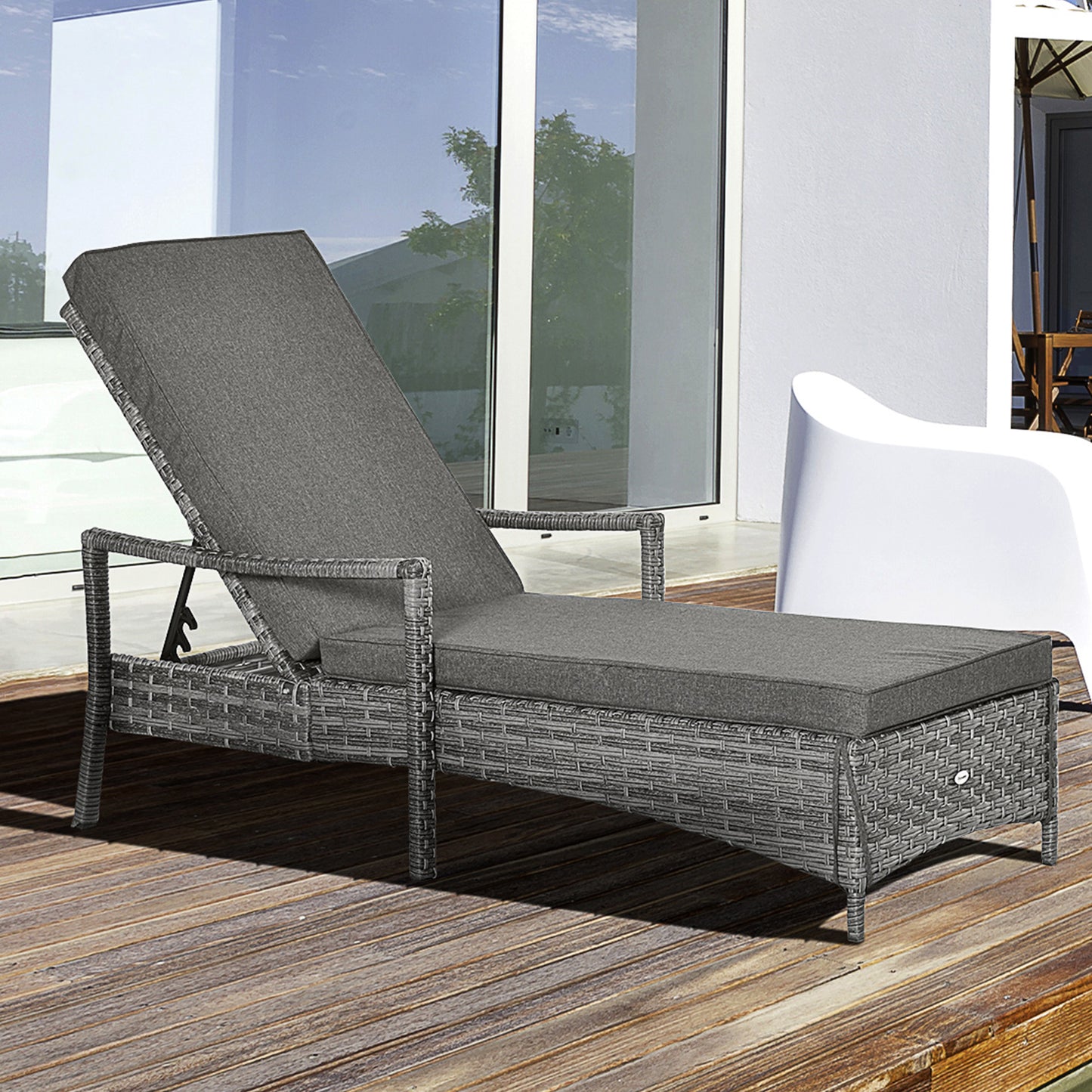 Outsunny Rattan Sun Lounger Garden Lounger Rattan Wicker w/ 4-Level Adjustable Headrest, 52.5H x 192L x 62.5W