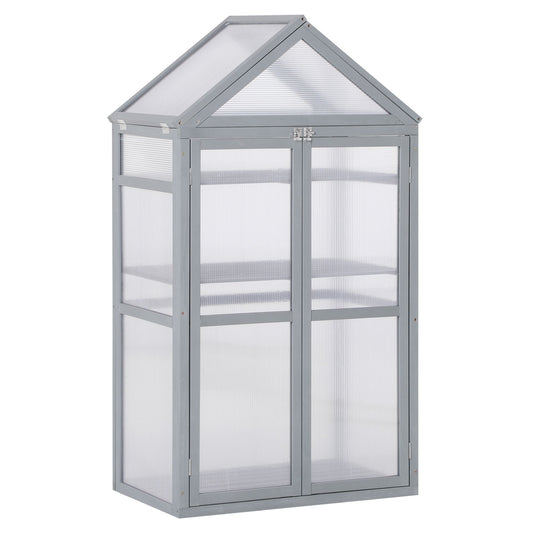 Outsunny 3-Tier Wooden Cold Frame Greenhouse Garden Polycarbonate Grow House w/ Adjustable Shelves, Double Doors, 80 x 47 x 138cm, Grey