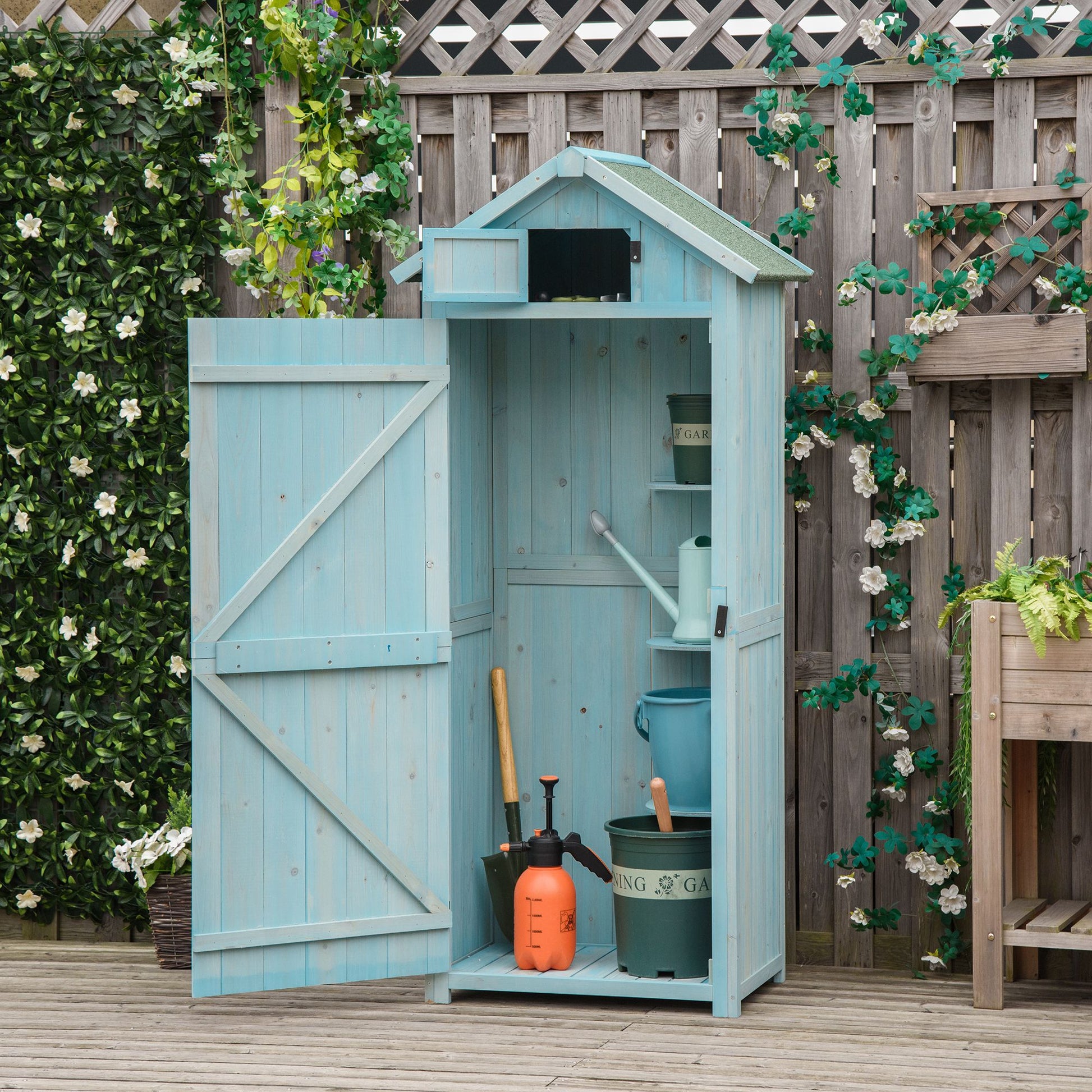 Outsunny Garden Shed Vertical Utility 3 Shelves Shed Wood Outdoor Garden Tool Storage Unit Storage Cabinet, 77 x 54.2 x 179cm - Blue - OutdoorBox