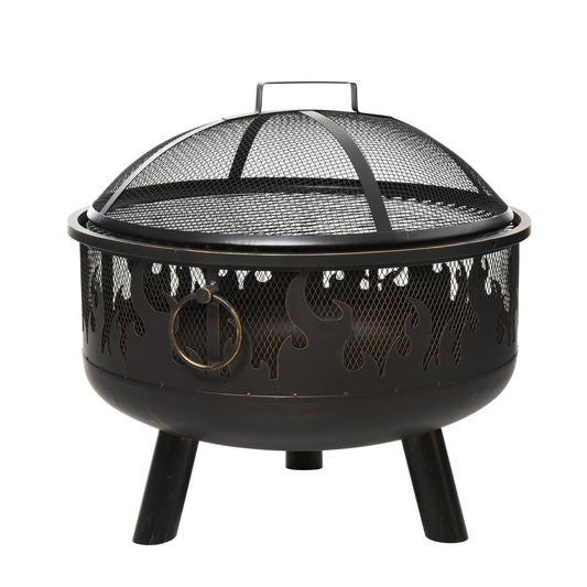 Outsunny 2-in-1 Outdoor Fire Pit with Cooking Grate Steel BBQ Grill Bowl Heater with Spark Screen Cover, Fire Poker for Backyard Bonfire Patio - OutdoorBox