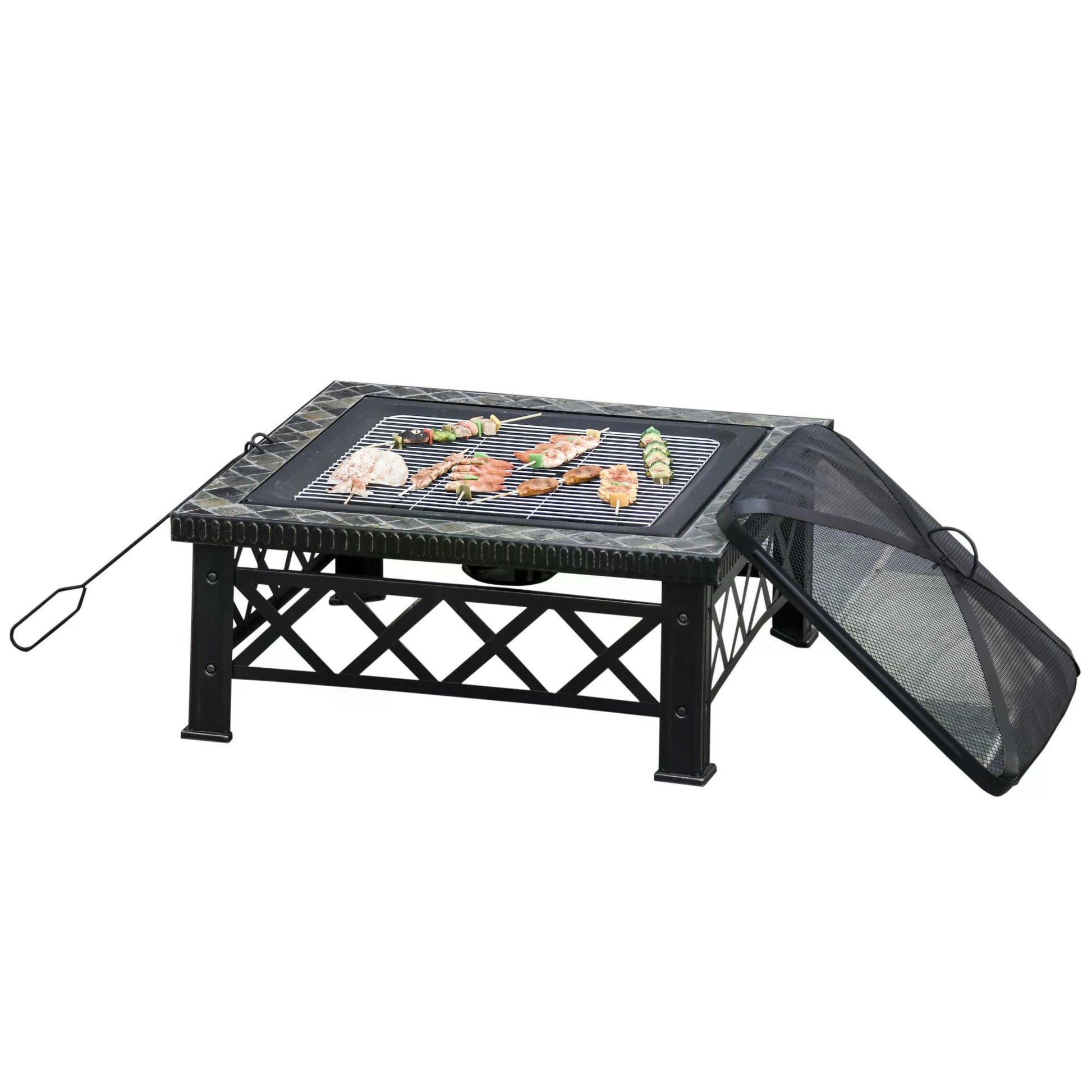 Outsunny 3 in 1 Square Fire Pit Square Table Metal Brazier for Garden, Patio with BBQ Grill Shelf, Spark Screen Cover, Grate, Poker, 76 x 76 x 47cm - OutdoorBox