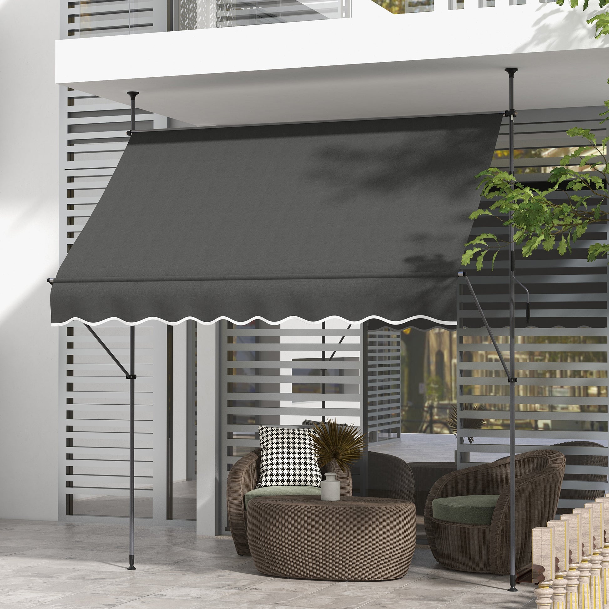 Outsunny 2.5 x 1.2m Retractable Awning, Free Standing Patio Sun Shade Shelter, UV Resistant, for Window and Door, Dark Grey - OutdoorBox