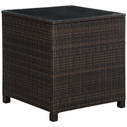 Outsunny Rattan Garden Furniture Side Table Patio Frame Tempered Glass New (Brown) - OutdoorBox