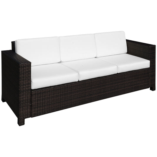 Outsunny Garden Rattan 3 Seater All-Weather Wicker Weave Metal Frame Chair with Fire Resistant Cushion - Brown - OutdoorBox