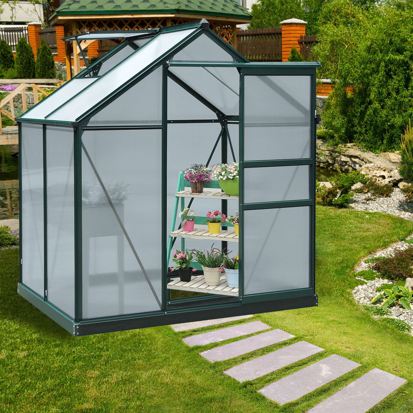 Outsunny Clear Polycarbonate Greenhouse Large Walk-In Green House Garden Plants Grow Galvanized Base Aluminium Frame w/ Slide Door (6ft x 4ft) - OutdoorBox