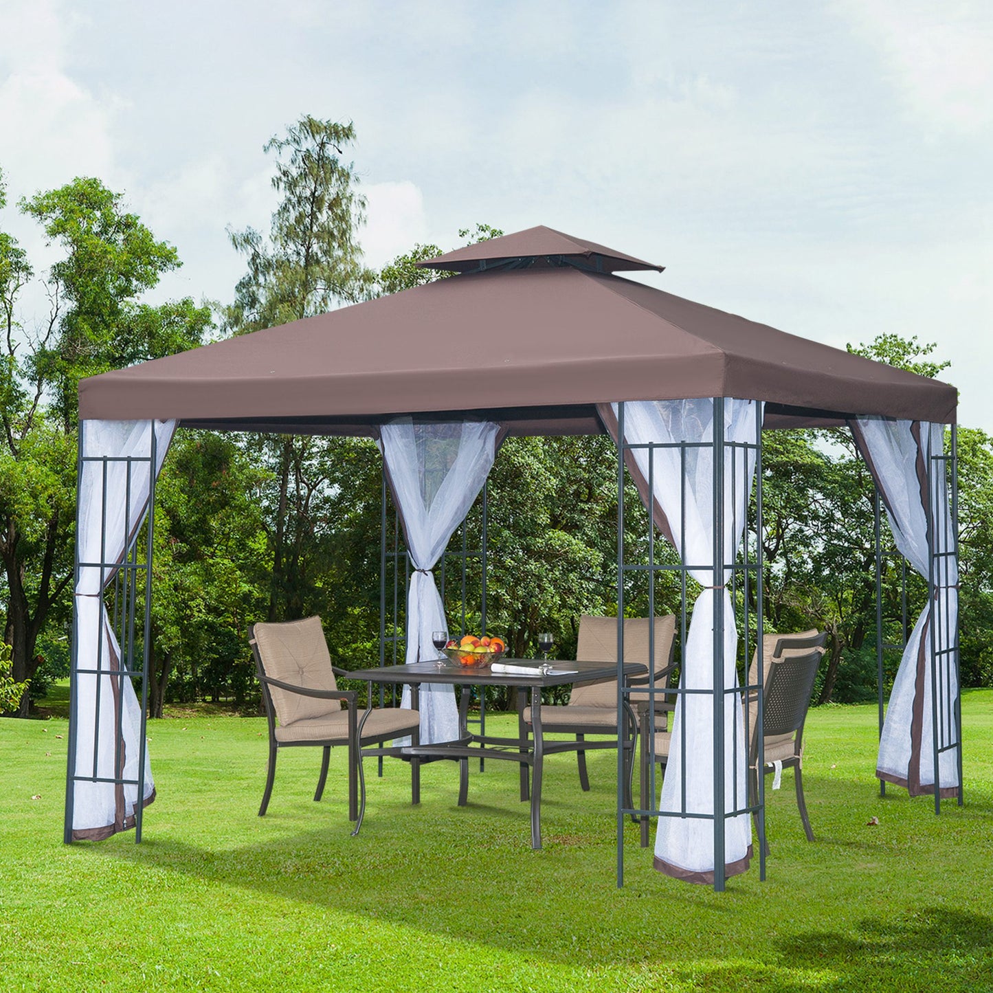 Outsunny 3 x 3(m) Patio Gazebo Canopy Garden Pavilion Tent Shelter with 2 Tier Roof and Mosquito Netting, Steel Frame, Coffee - OutdoorBox